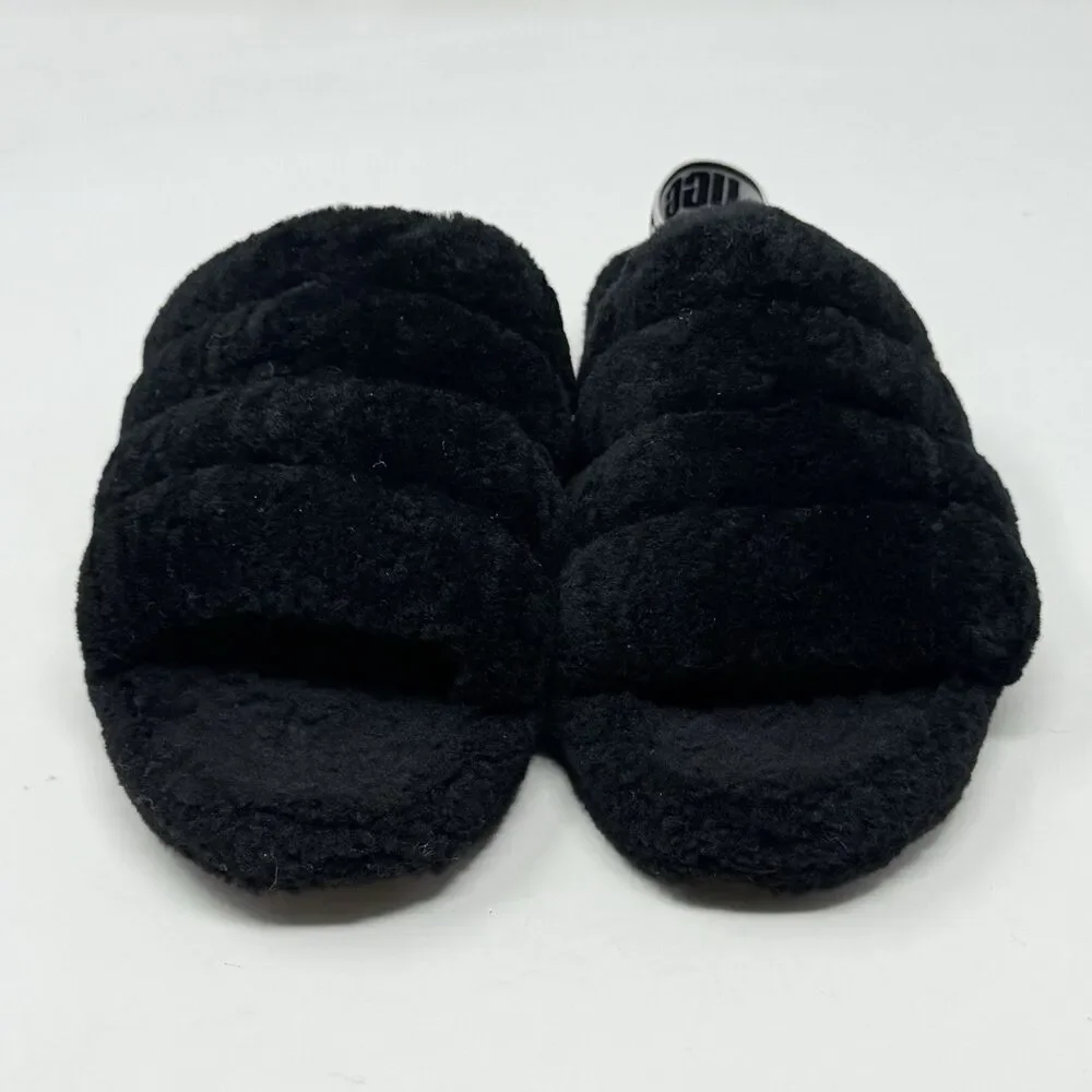 UGG Fluff Yeah Shearling Slingback Slippers Kids Girls 5 Black Red Open Toe